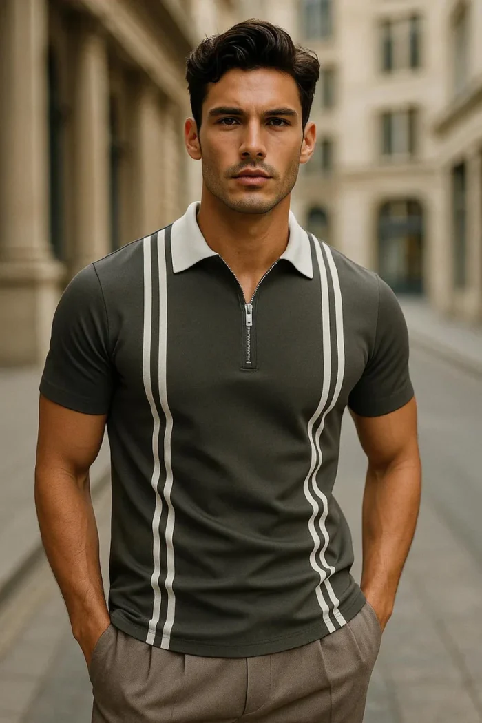StripedZipper Polo | Grey
